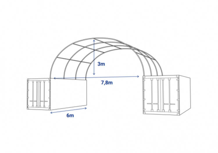 nakres-rozmery-obloukovy-pristresek-HZK806-mezi-prepravni-kontejnery-20-vyska-sirka-delka
